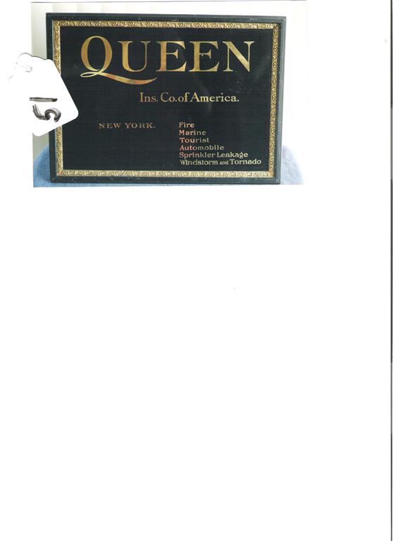 Queen Ins. Co of America. Reverse Glass Sign. Sa