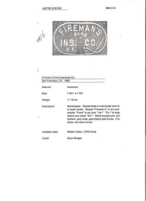 Firemans Fund Ins. Co. Fire Mark. Aluminum, 7 3/4