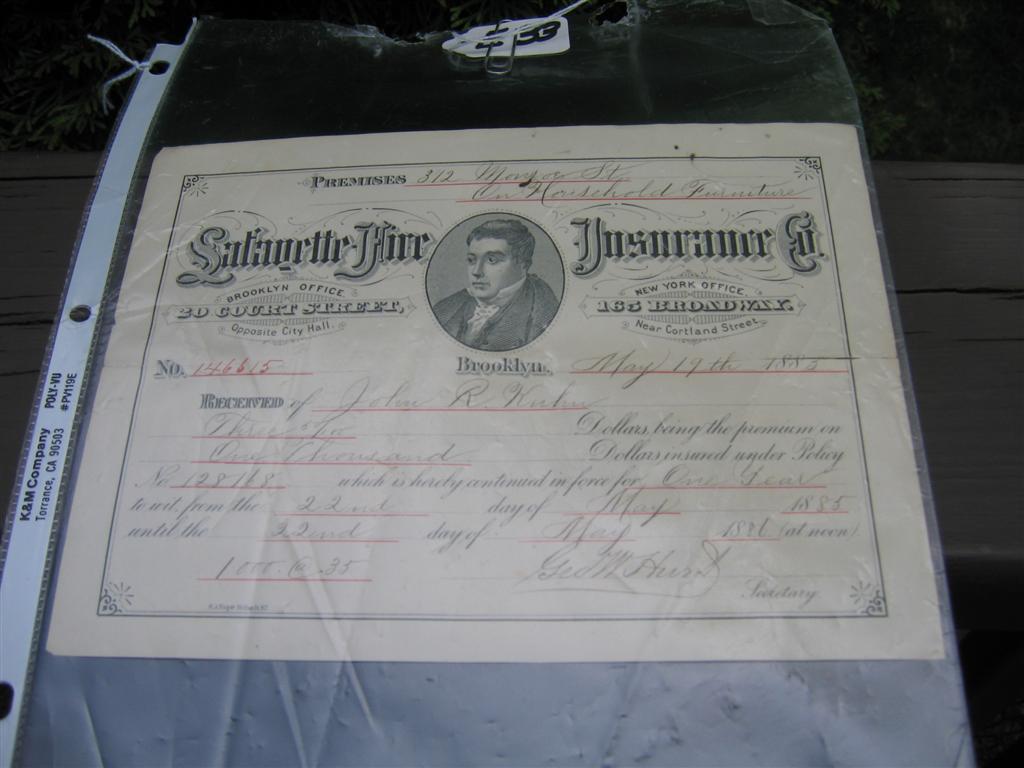 Paper Receipt. Lafayette Fire Insurance Co. Dated
