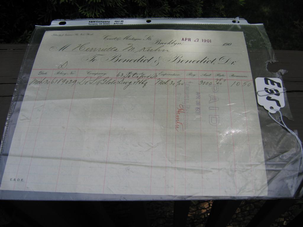 Paper ledger receipt of insurance agency, Benedit