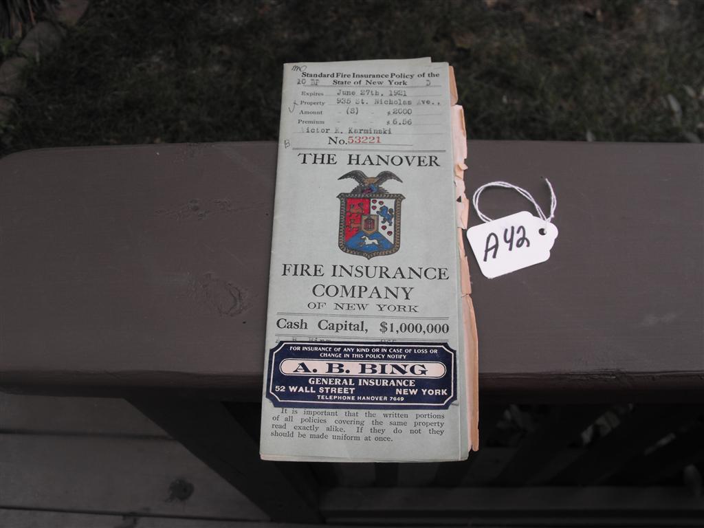 Hanover Fire Insurance Company Policy. 27th June,