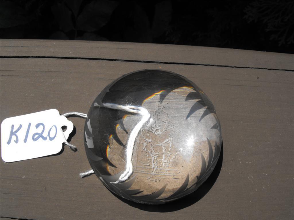 Paperweight. Glass. Etched Fireman carrying a sm