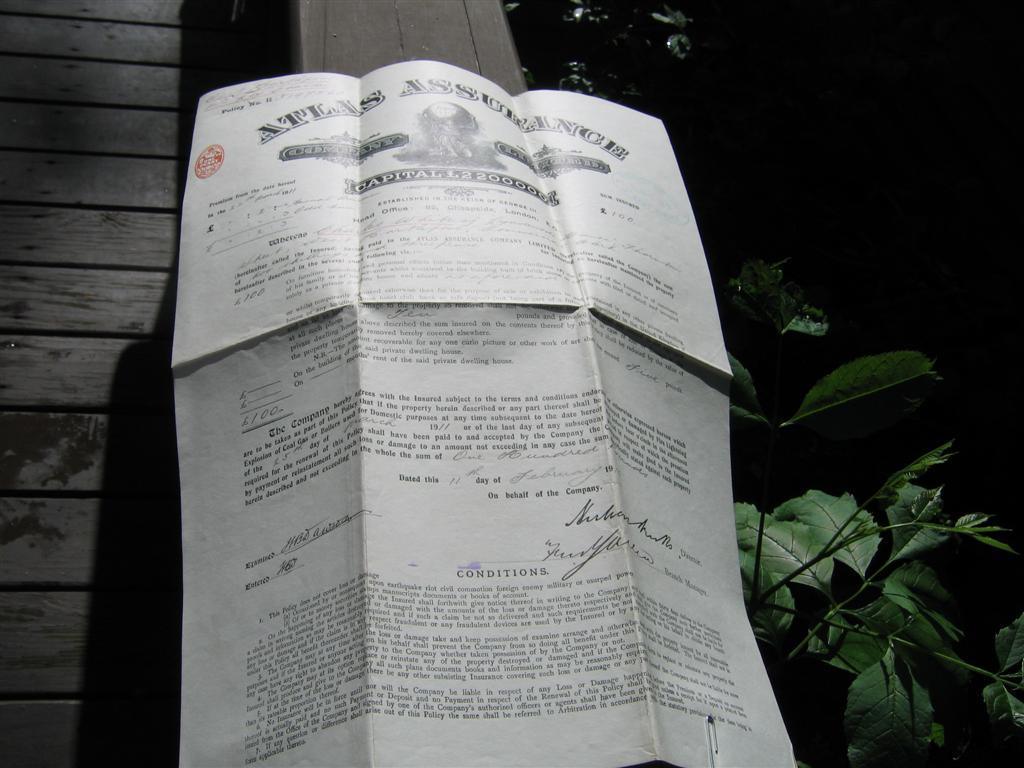 Atlas Assurance Company Fire Policy. Covering the