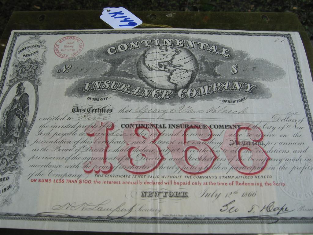 Continental Insurance Company Certificate No 7894.