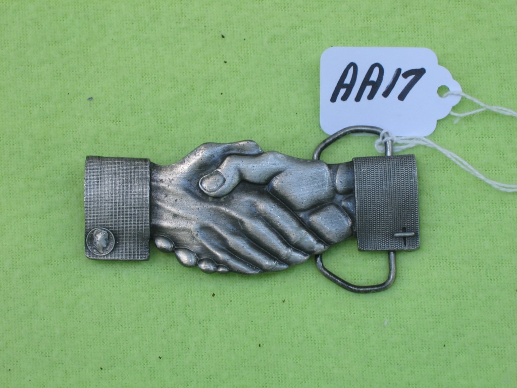 Belt Bucket. Hands Clasped. Metal with Silver Fi