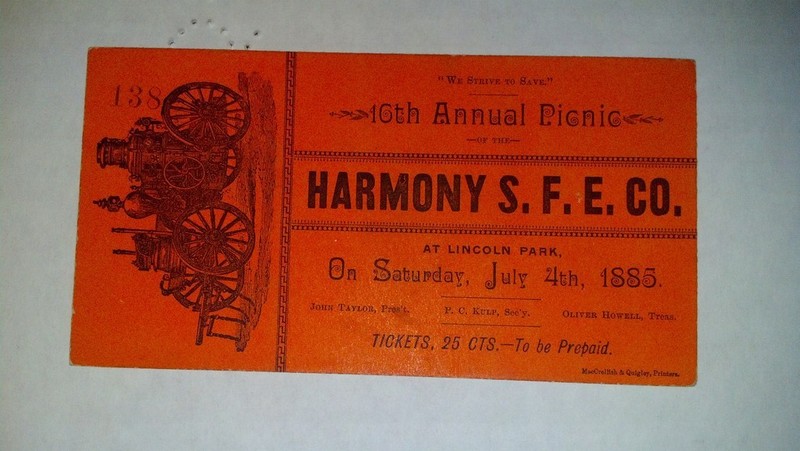 1885 Ticket to the Annual Picnic of the "Harmony S
