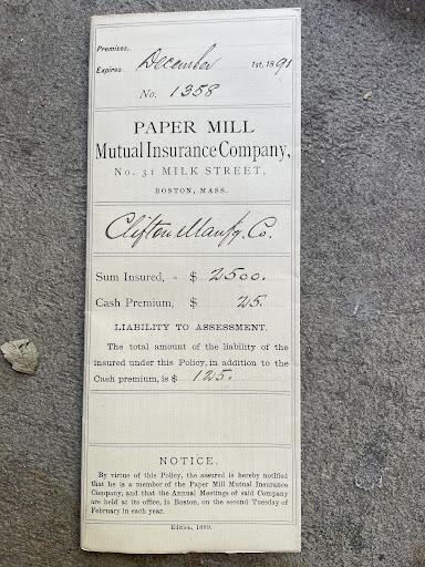 #056 Insurance Policy from the Paper Mill Mutual Insurance Company. Boston, Massachusetts.