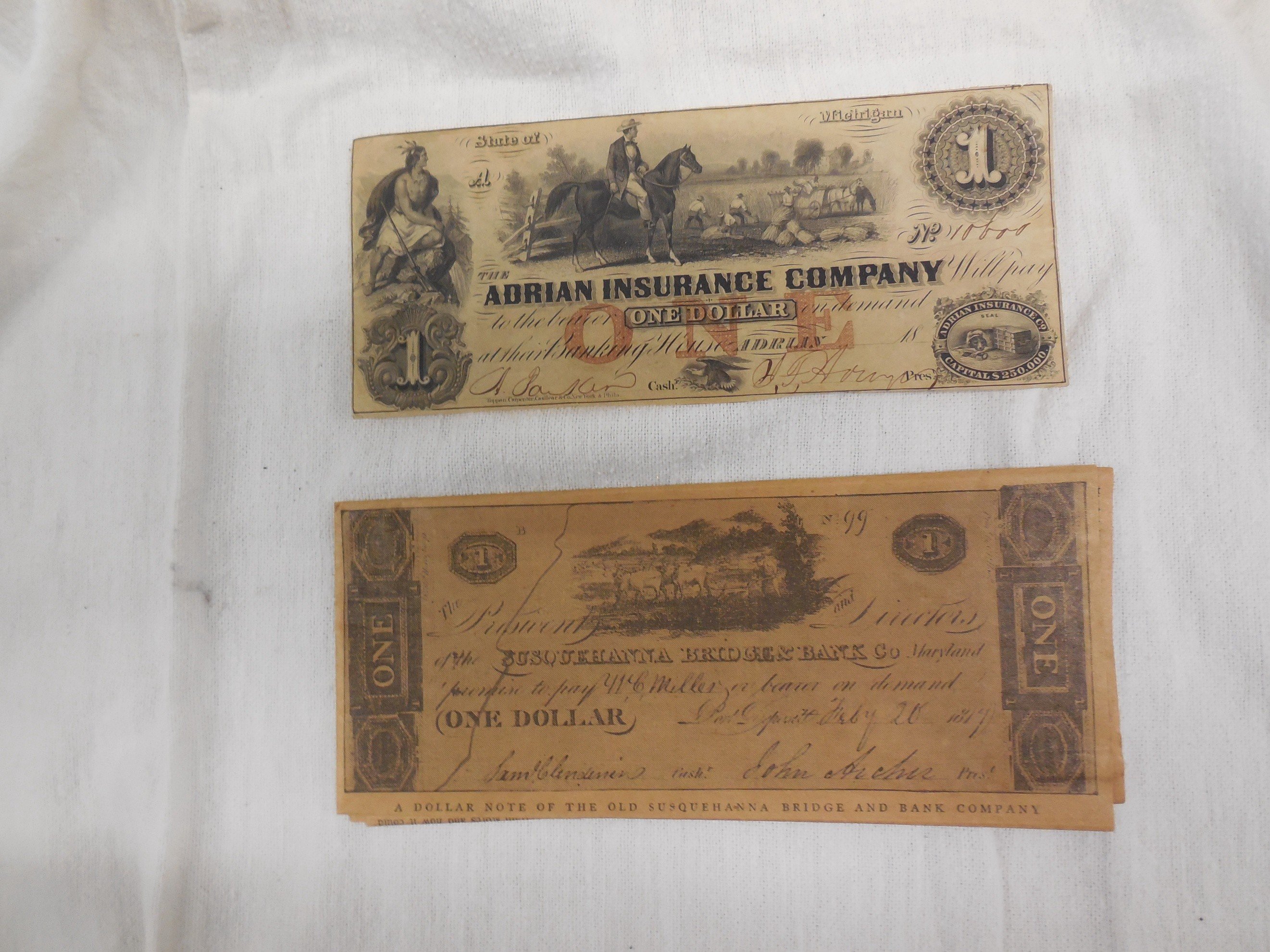 Adrian Insurance Company currency, $1 + Old Susqehanna Bridge Bank Company 1938 copy with historic article