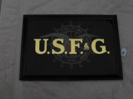 USF&G Sign. Reverse Glass. Black background with