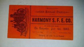 1885 Ticket to the Annual Picnic of the "Harmony S